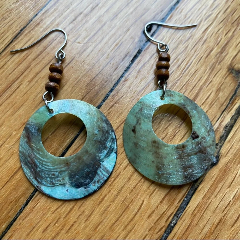 Shell and Wooden Bead Drop Earrings, Silver Hooks, Modcloth